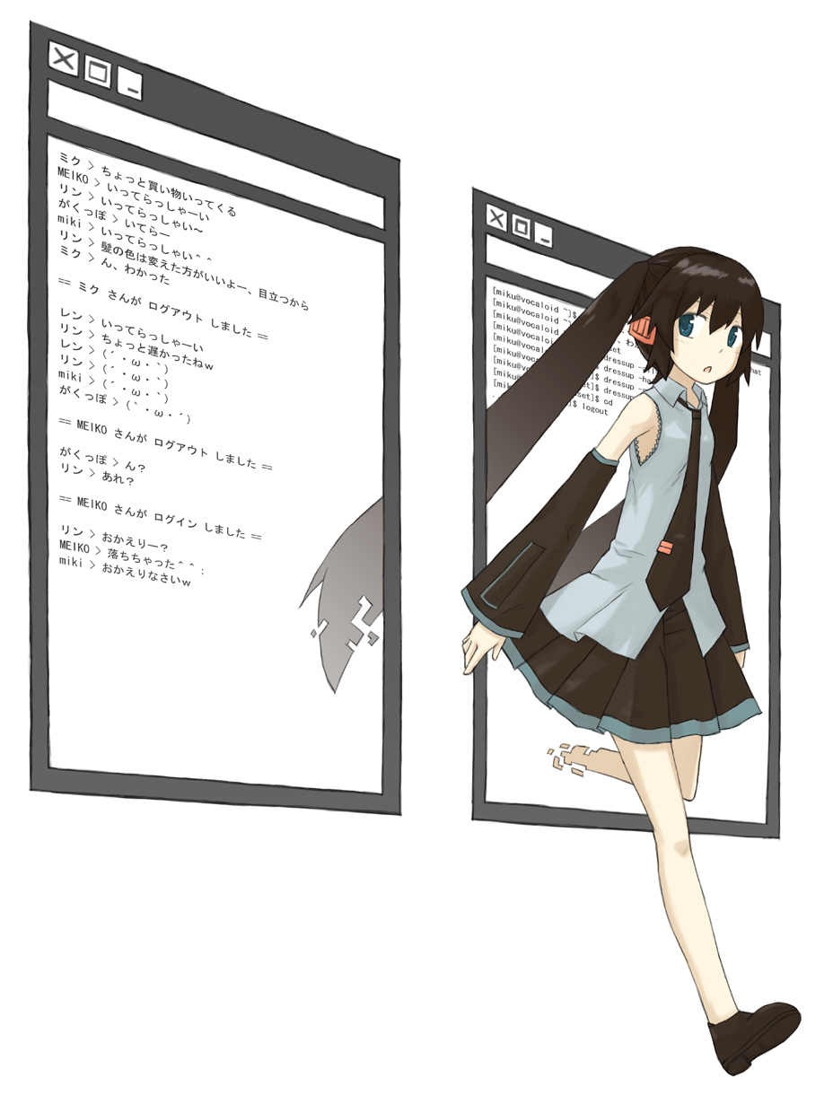 rukah, hatsune miku, linux, vocaloid, highres, translated, 1girl, alternate hair color, black hair, blue eyes, detached sleeves, digital dissolve, female focus, headphones, long hair, materializing, necktie, skirt, solo, terminal, through medium, through screen, twintails, very long hair, window (computing)