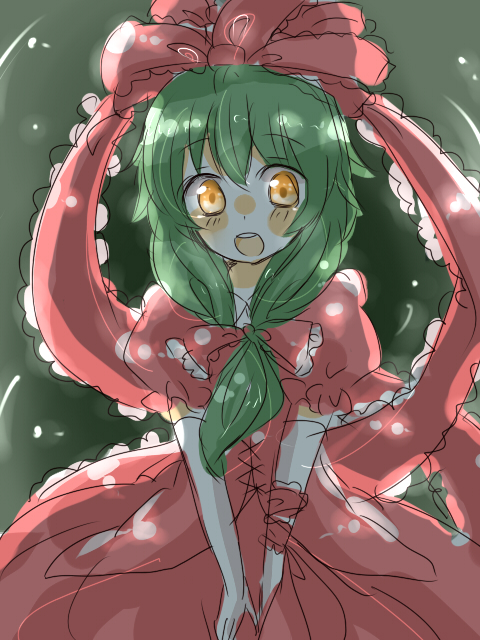 zawameki, kagiyama hina, touhou, 1girl, :o, blush, dress, female focus, frills, front ponytail, green hair, looking at viewer, open mouth, own hands together, puffy short sleeves, puffy sleeves, red dress, shawl, short hair, short sleeves, solo, tareme, v arms, yellow eyes