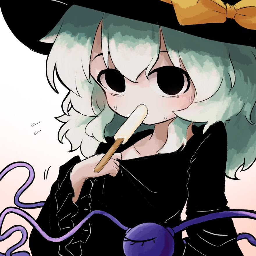 heripantomorrow, komeiji koishi, touhou, commentary request, 1girl, black eyes, black hat, black shirt, collarbone, eating, eyeball, flying sweatdrops, food, food in mouth, frilled sleeves, frills, gradient background, gradient hair, green hair, hair between eyes, hat, hat ribbon, light blush, long sleeves, looking at viewer, medium hair, multicolored hair, pink background, popsicle, popsicle in mouth, pulling own clothes, ribbon, shirt, simple background, solid circle eyes, solo, third eye, white background, white hair, wide sleeves, yellow ribbon