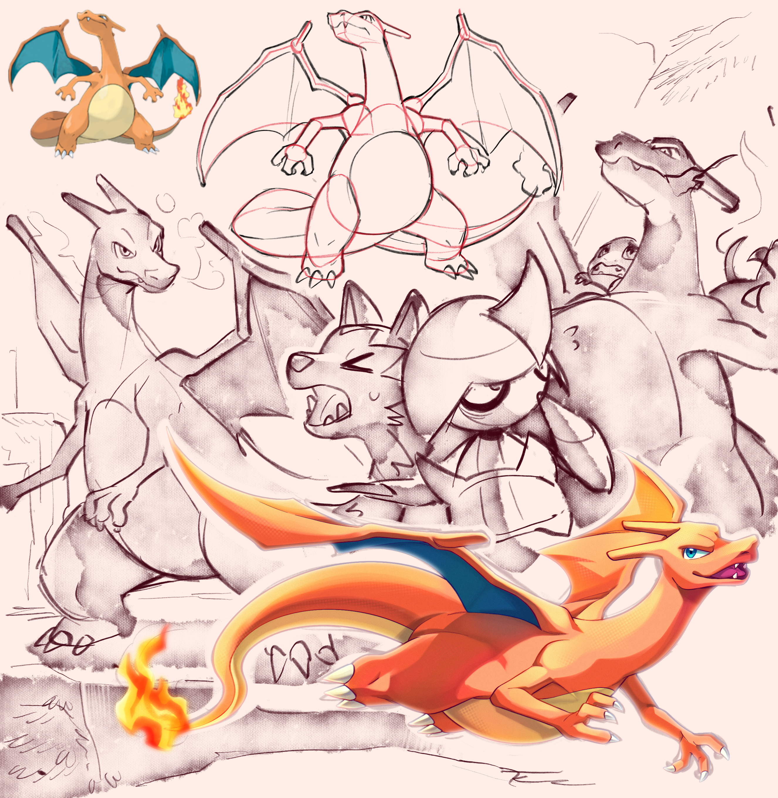 bisharp, charizard, charmander, poochyena, nintendo, pokemon, pokemon rgby, absurdres, commentary request, highres, > <, blue eyes, claws, colored skin, dragon, fangs, fire, flame-tipped tail, flying, gen 1 pokemon, gen 3 pokemon, gen 5 pokemon, horns, hyena, open mouth, orange skin, pokemon (creature), puos (user dcvp2324), sketch, standing, tail, wings