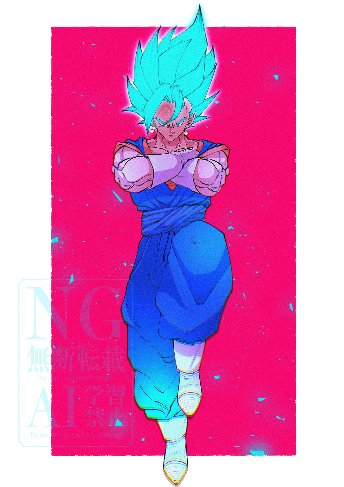 stktik09060906, vegetto, dragon ball, dragon ball super, commentary request, highres, 1boy, blue eyes, blue hair, blue pants, blue sash, blue shirt, boots, border, earrings, full body, gloves, jewelry, male focus, medium hair, muscular, muscular male, orange shirt, pants, pink background, potara earrings, sash, shirt, solo, spiked hair, super saiyan, super saiyan blue, white boots, white border, white gloves
