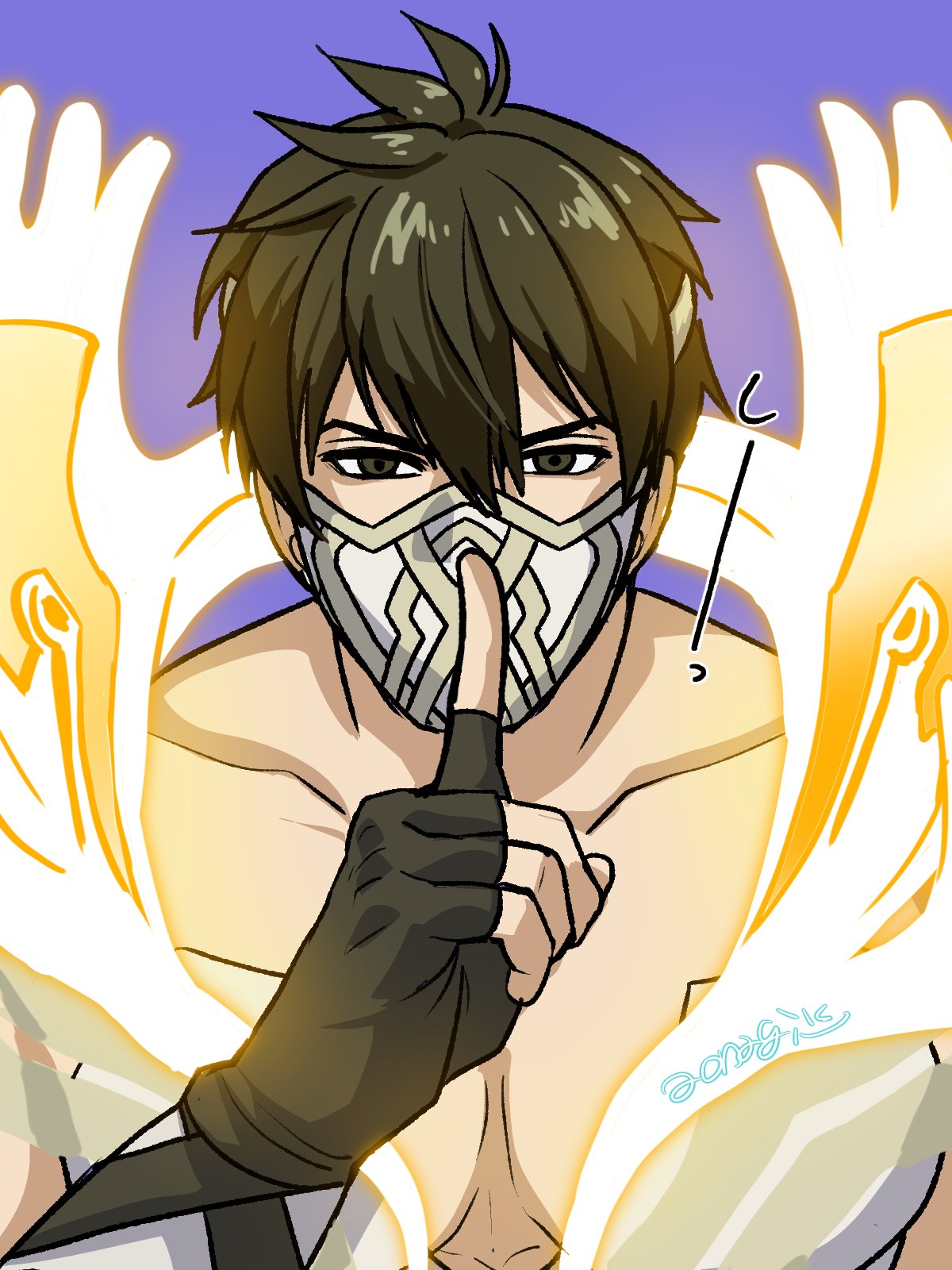 eikthyrnir (fire emblem), fire emblem, fire emblem heroes, nintendo, commentary request, highres, 1boy, antlers, aonagimay, brown eyes, brown hair, deer antlers, deer boy, glowing antlers, horns, large pectorals, male focus, mask, masked, mouth mask, muscular, muscular male, pectorals, short hair, solo