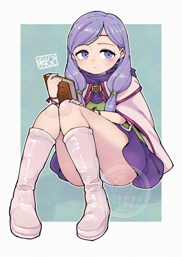 chichibu (watson), ilyana (fire emblem), fire emblem, fire emblem: path of radiance, nintendo, commentary request, 1girl, boots, cape, knee boots, long hair, low-tied long hair, purple eyes, purple hair, purple skirt, skirt, solo