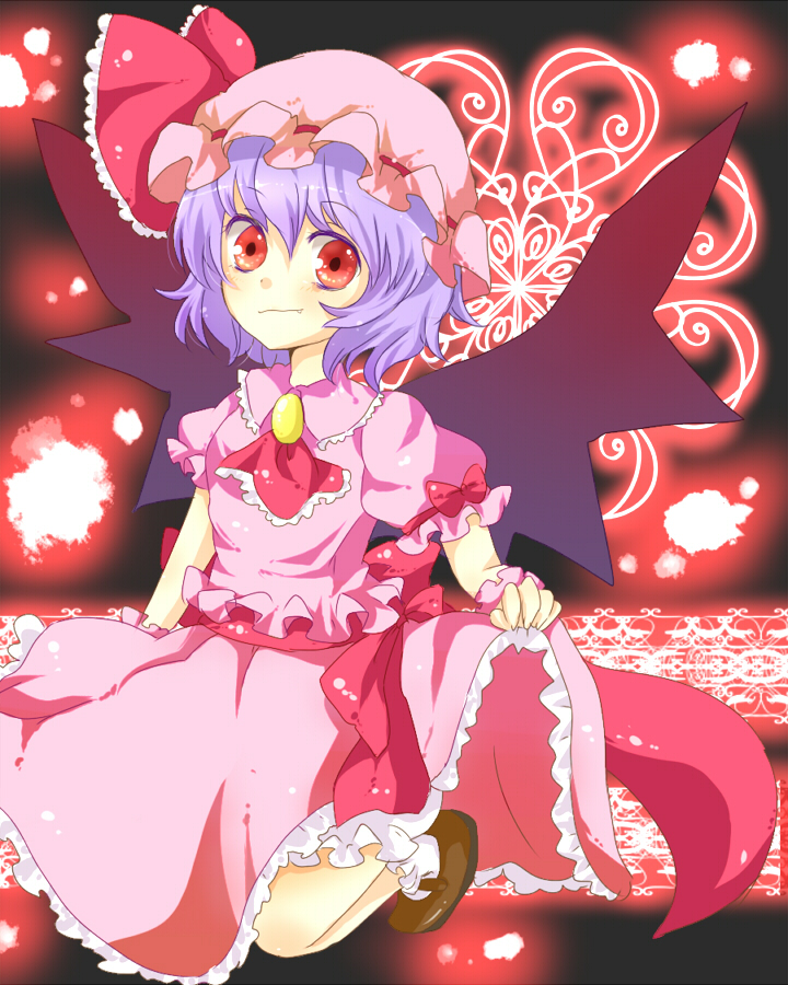 zawameki, remilia scarlet, touhou, 1girl, fang, female focus, purple hair, red eyes, short hair, solo, wings