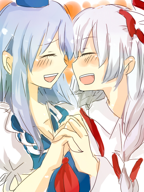 zawameki, fujiwara no mokou, kamishirasawa keine, touhou, 2girls, blush, closed eyes, couple, female focus, happy, holding hands, laughing, multiple girls, smile, yuri
