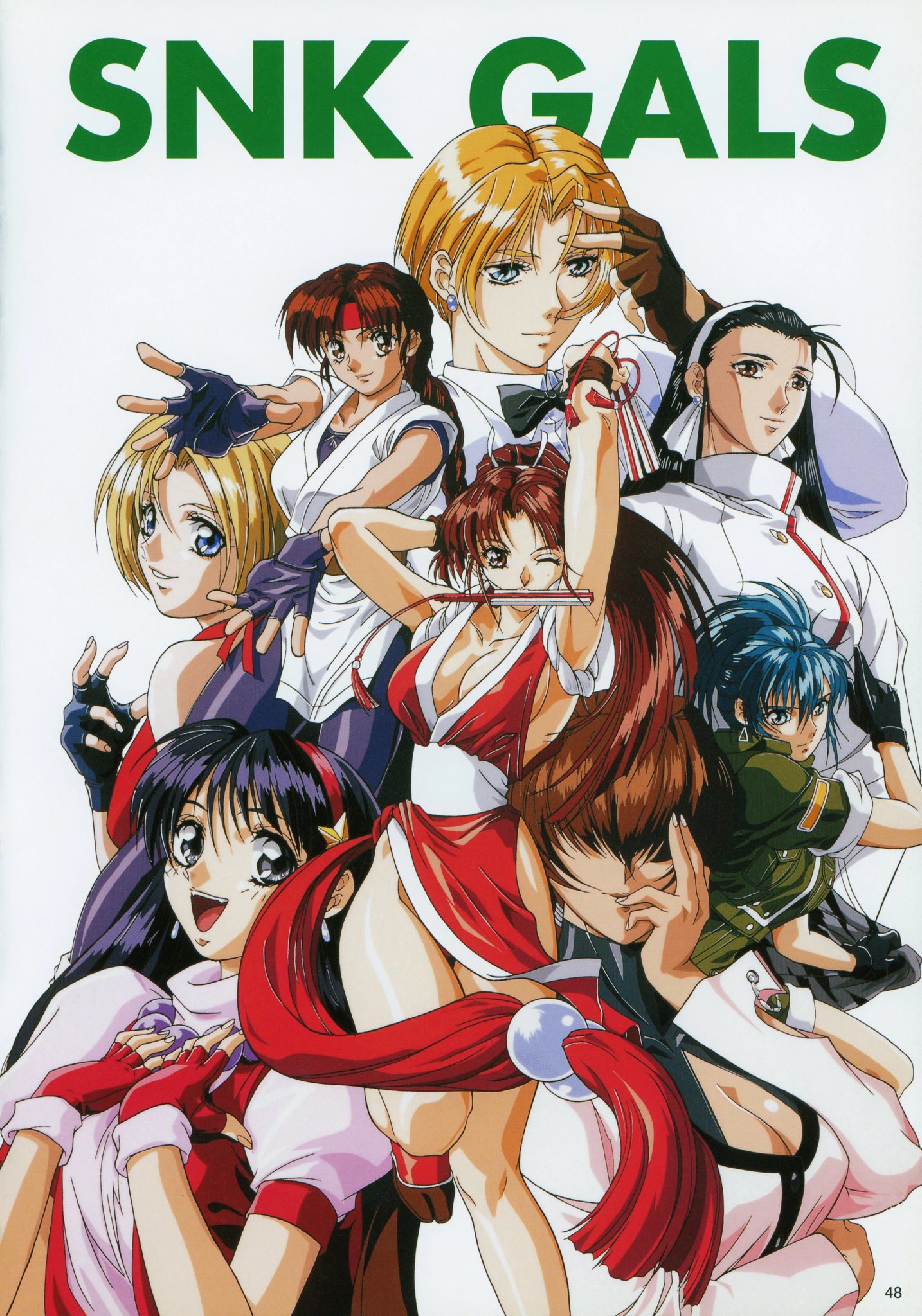 asamiya athena, blue mary, kagura chizuru, king (snk), leona heidern, shermie (kof), shiranui mai, yuri sakazaki, snk, the king of fighters, mai shiranui, 6+girls, athena asamiya, blue eyes, blue hair, breasts, brown eyes, brown hair, chizuru kagura, cleavage, cleavage cutout, clothing cutout, collar, curvy, dougi, dress, earrings, female focus, fingerless gloves, formal clothes, gloves, grey eyes, hairband, hand fan, huge breasts, japanese clothes, jewelry, karate gi, large breasts, leather, leggings, long hair, long sleeves, looking at viewer, medium breasts, medium hair, military, military uniform, multiple girls, ninja, one eye closed, pale skin, pants, ponytail, shirt, short hair, skin tight, skirt, smile, smiley face, spandex, star (symbol), tail, tail ornament, tank top, thick thighs, thighs, tight clothes, tight pants, very long hair, white shirt, wide hips, wink, yamamotoelios, yoga pants