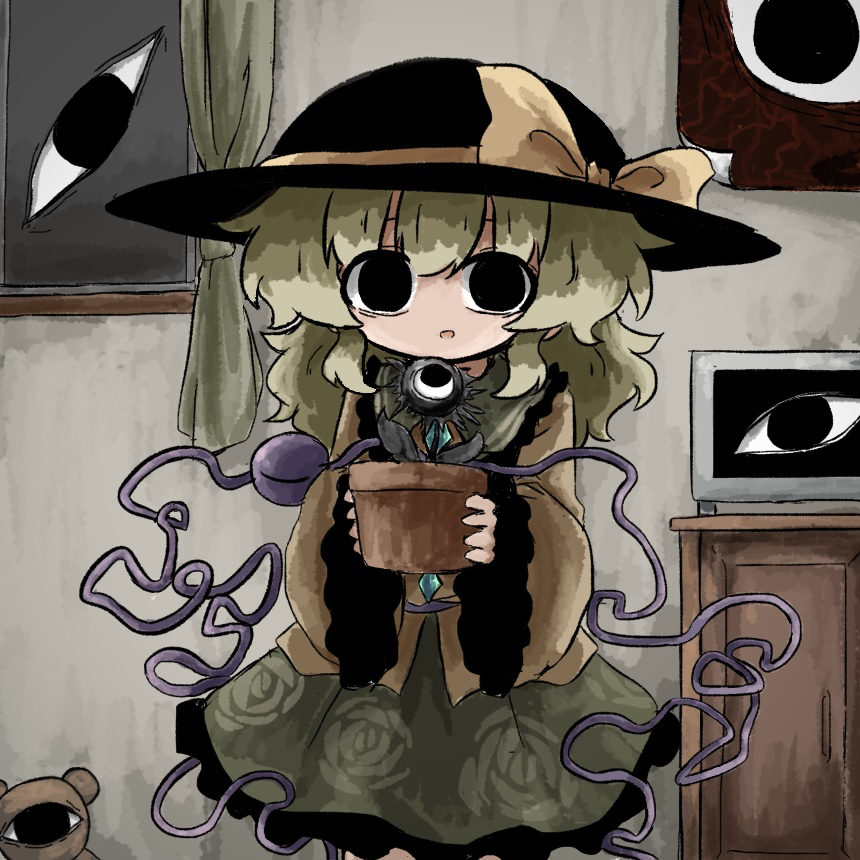 heripantomorrow, komeiji koishi, touhou, commentary request, 1girl, black eyes, black hat, contrast collar, flower pot, green hair, green skirt, hair between eyes, hat, hat ribbon, holding, holding flower pot, long sleeves, parted lips, ribbon, shirt, skirt, solo, standing, third eye, wide sleeves, yellow ribbon, yellow shirt