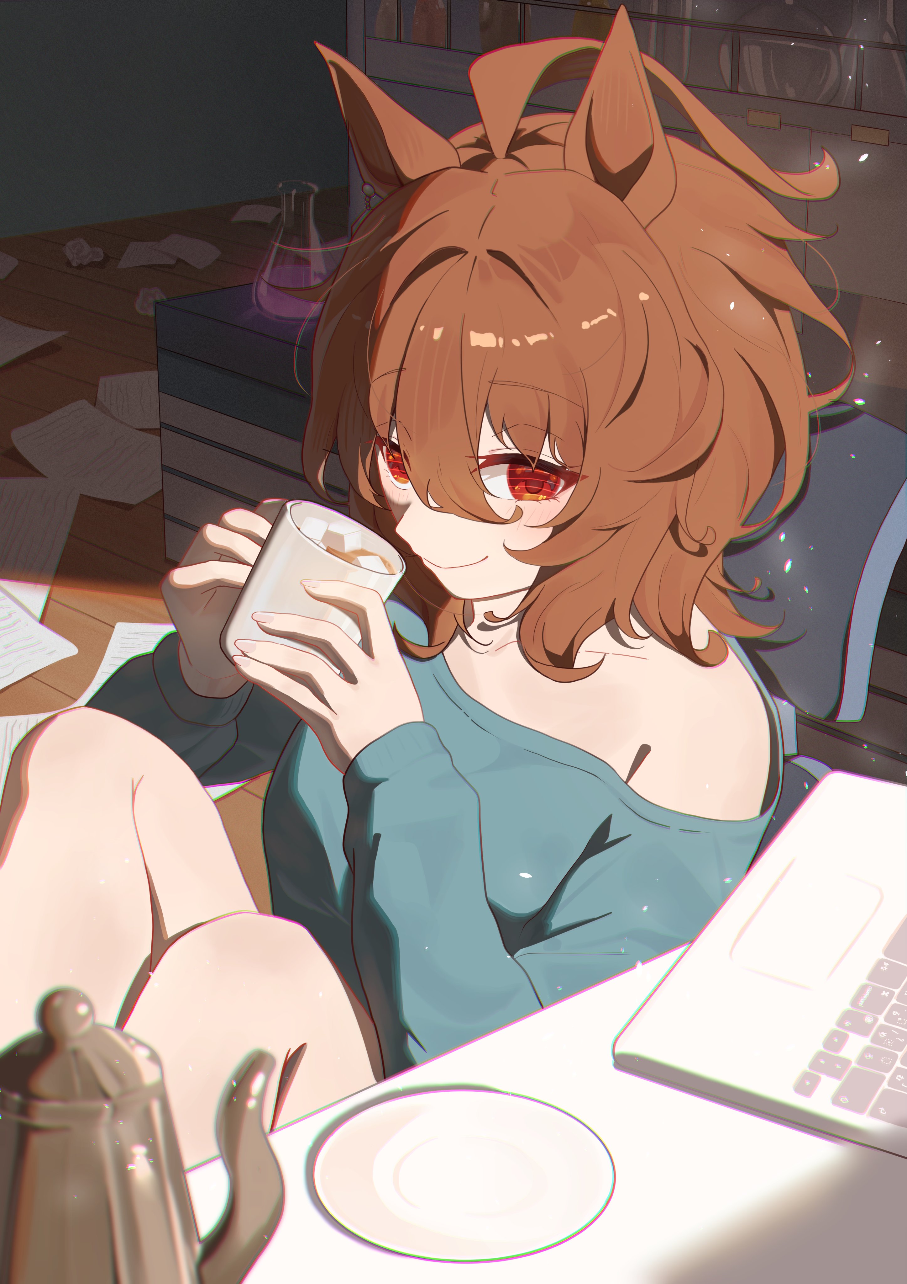 nanaken (qijian23092715), agnes tachyon (umamusume), umamusume, absurdres, commentary, highres, symbol-only commentary, 1girl, ahoge, animal ears, blue sweater, blush, book, book stack, breasts, chair, closed mouth, collarbone, computer, cup, holding, holding cup, holding teapot, horse ears, horse girl, knees up, laptop, long sleeves, medium hair, paper, red eyes, saucer, single bare shoulder, sitting, smile, solo, sugar cube, sweater, swivel chair, tea, teapot, wooden floor