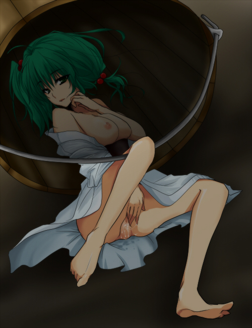 ifuji sakura, kisume, touhou, 1girl, aged up, barefoot, breasts, bucket, feet, female focus, female masturbation, green hair, hair bobbles, hair ornament, in bucket, in container, large breasts, masturbation, messy hair, nipples, no panties, pussy, pussy juice, short hair, solo, toe scrunch, toes, twintails, uncensored