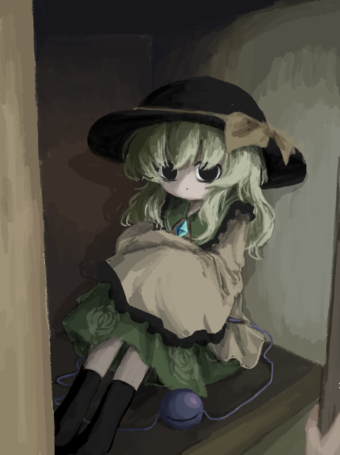 heripantomorrow, komeiji koishi, touhou, commentary request, highres, 1girl, black eyes, black hat, black socks, contrast collar, green hair, green skirt, hair between eyes, hat, hat ribbon, long sleeves, looking at viewer, ribbon, shirt, sitting, skirt, socks, solo, third eye, wide sleeves, yellow ribbon, yellow shirt