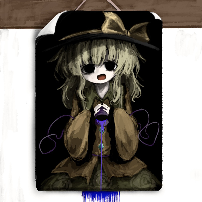heripantomorrow, komeiji koishi, touhou, commentary request, 1girl, black eyes, black hat, blood, contrast collar, floral print, green hair, green skirt, hair between eyes, hat, hat ribbon, long sleeves, looking at viewer, open mouth, purple blood, ribbon, rose print, shirt, skirt, smile, solo, third eye, wide sleeves, yellow ribbon, yellow shirt