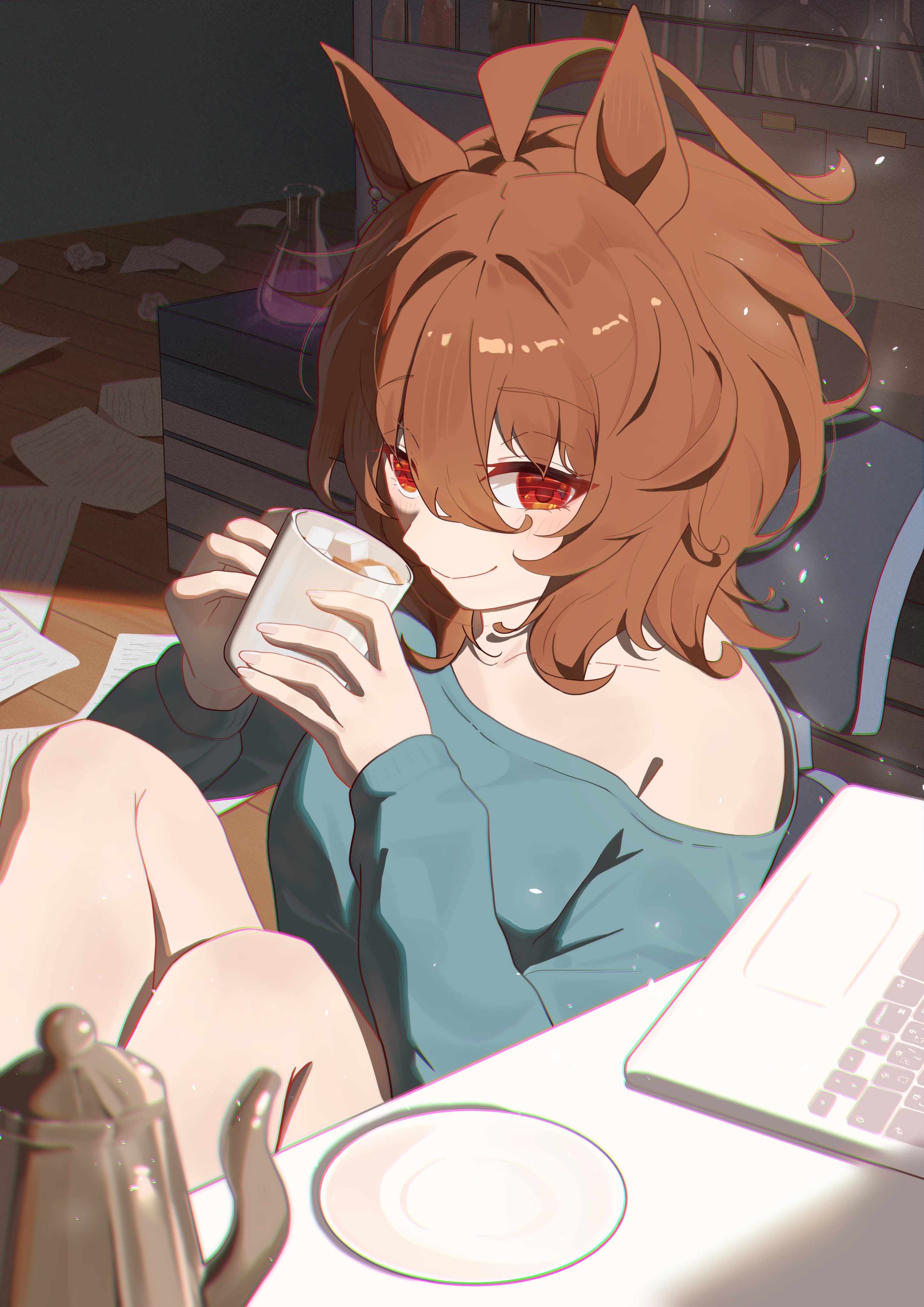 nanaken (qijian23092715), agnes tachyon (umamusume), umamusume, absurdres, commentary, highres, symbol-only commentary, 1girl, ahoge, animal ears, blue sweater, blush, book, book stack, breasts, chair, closed mouth, collarbone, computer, cup, holding, holding cup, holding teapot, horse ears, horse girl, knees up, laptop, long sleeves, medium hair, paper, red eyes, saucer, single bare shoulder, sitting, smile, solo, sugar cube, sweater, swivel chair, tea, teapot, wooden floor