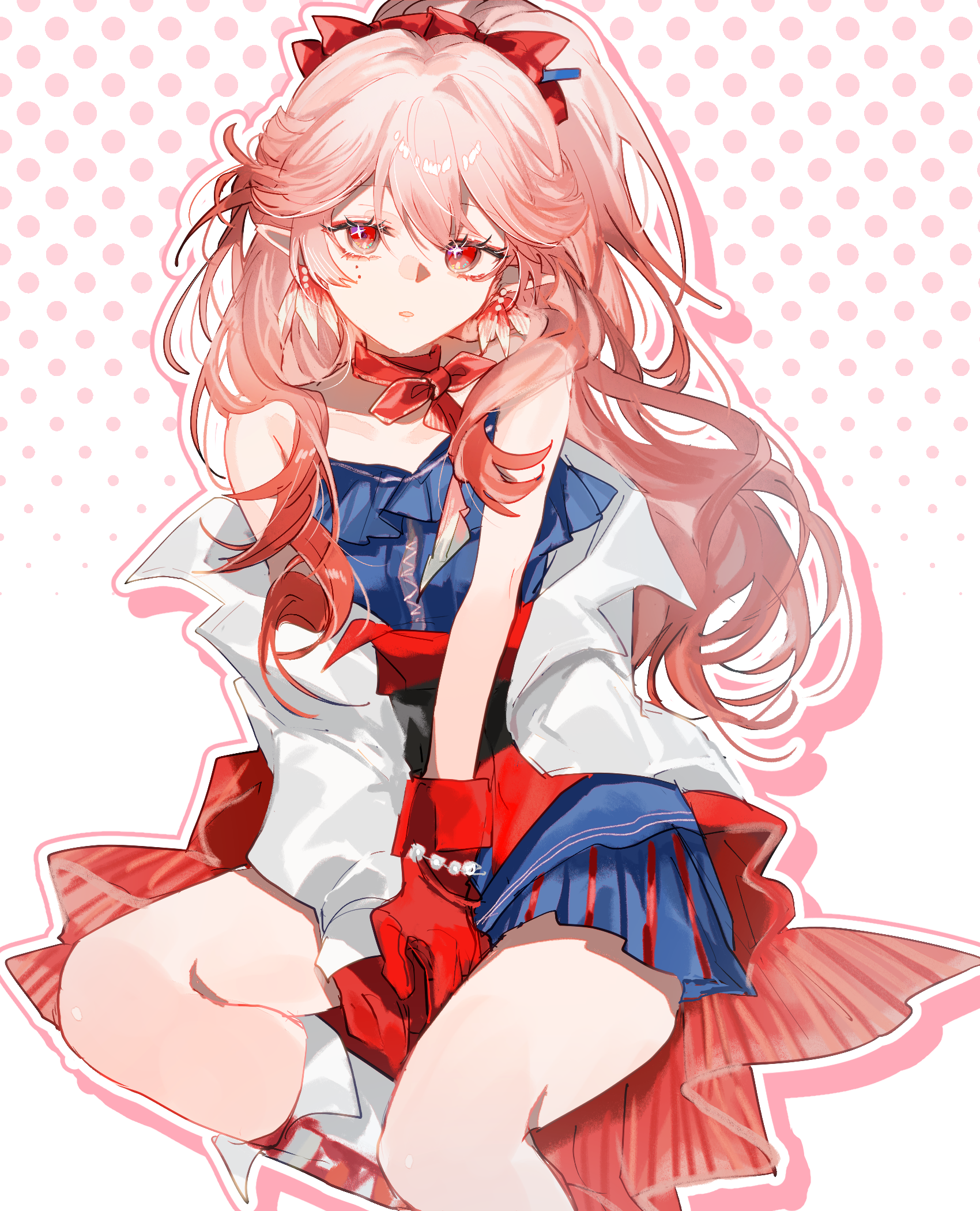 fumi (rdbm), haruka (arknights), arknights, commentary request, highres, 1girl, bare shoulders, ben-day dots, between legs, blue dress, bow, bracelet, dress, earrings, gloves, hair bow, hand between legs, high ponytail, invisible chair, jewelry, long hair, long sleeves, looking at viewer, mole, mole on cheek, multiple hair bows, neck ribbon, off shoulder, outline, own hands together, parted lips, pearl bracelet, pearl earrings, pink hair, pink outline, pointy ears, ponytail, red bow, red eyes, red gloves, red ribbon, ribbon, screentones, sitting, solo, sparkle, white background, white outline