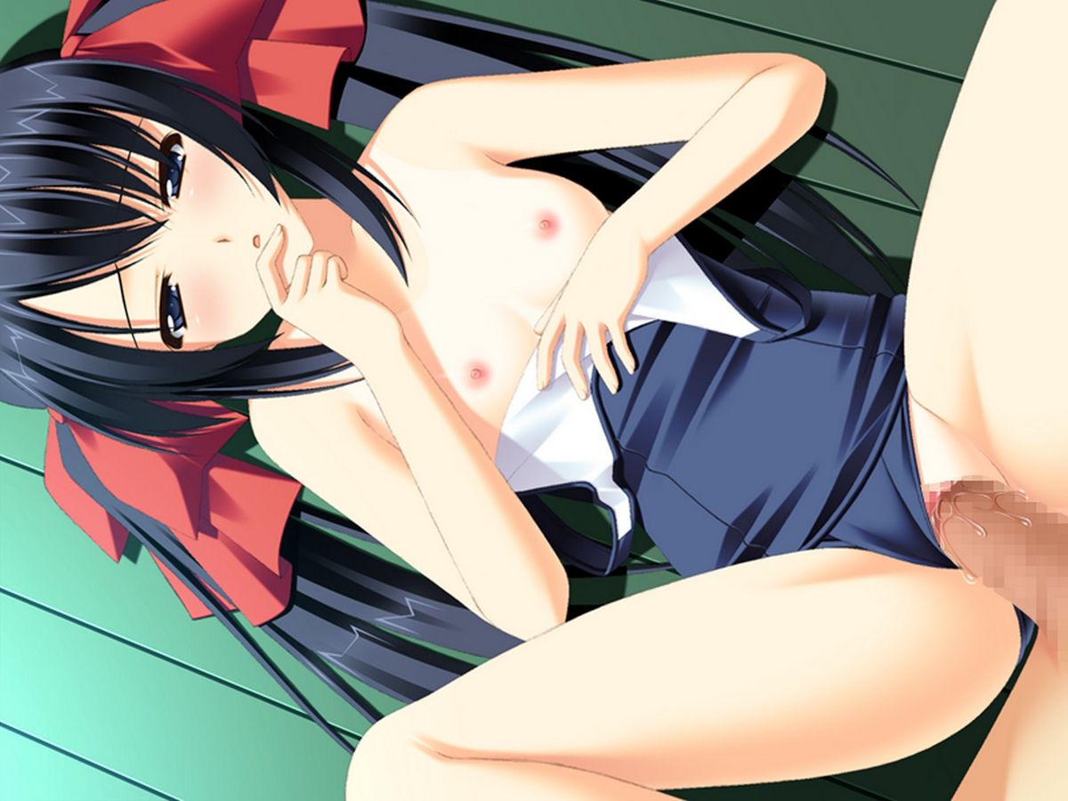 blush, censored, flat chest, loli, lying, penis, pussy, sex, swimsuit