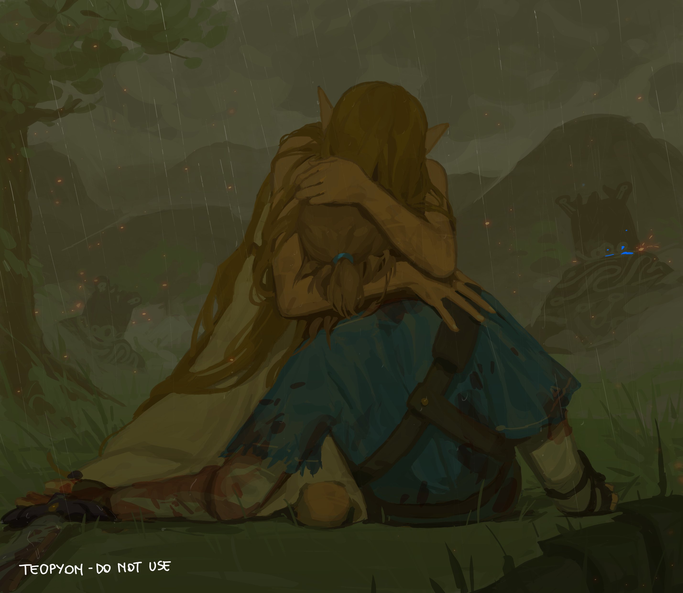 pyonteo, link, princess zelda, nintendo, the legend of zelda, the legend of zelda: breath of the wild, the legend of zelda: tears of the kingdom, absurdres, commentary, english commentary, highres, 1boy, 1girl, artist name, blonde hair, blood, champion's tunic (zelda), cloud, cloudy sky, dress, english text, fire, grass, hug, long hair, mountain, mountainous horizon, nature, on grass, pointy ears, ponytail, rain, sad, sky, tree, very long hair, wet, wet clothes, wet hair, white dress