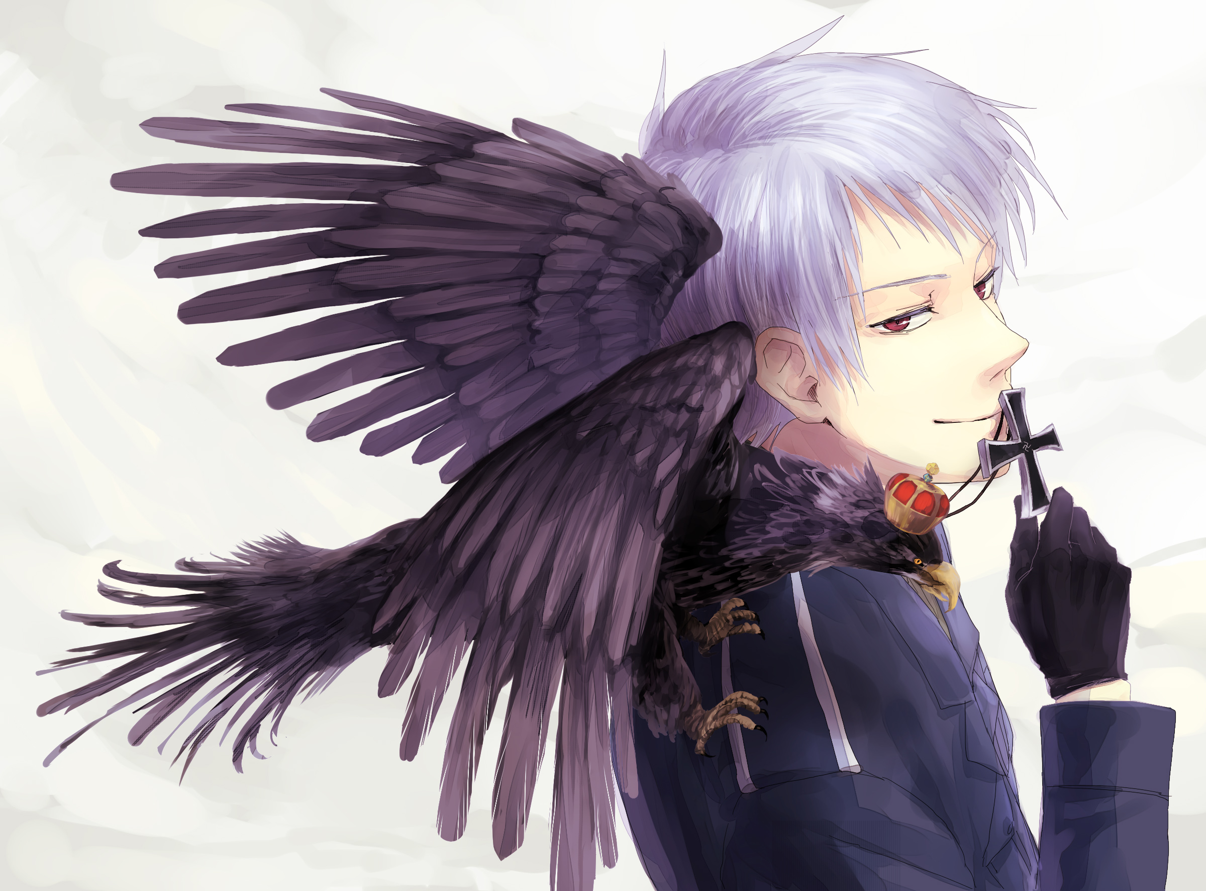 noco (adamas), prussia (hetalia), axis powers hetalia, silver hair, artist request, bad id, bad pixiv id, highres, 1boy, albino, animal, animal on shoulder, bird, bird on shoulder, cross, crow, gloves, male focus, military, military uniform, red eyes, short hair, solo