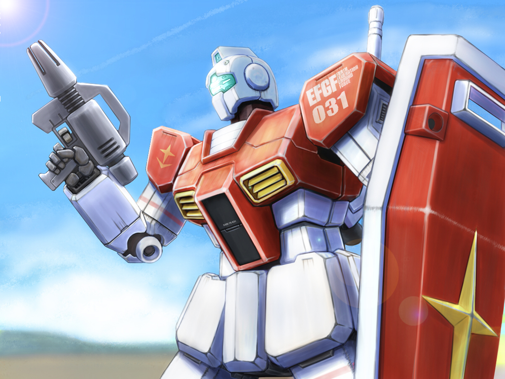 yuukutobania, gm (mobile suit), gundam, mobile suit gundam, beam rifle, energy gun, gun, lens flare, mecha, mecha focus, no humans, outdoors, robot, shield, sky, solo, weapon