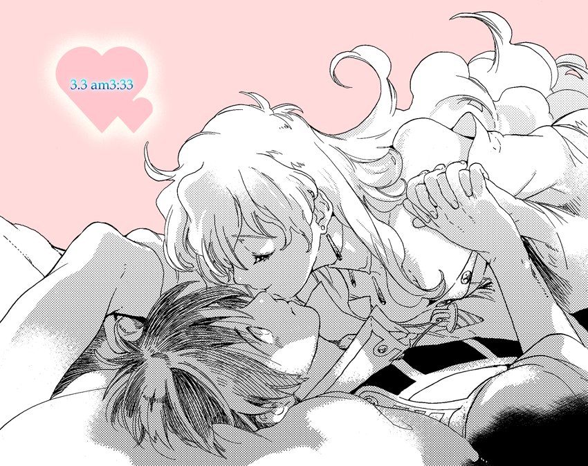 kanke (yonkuma), nia teppelin, simon (ttgl), tengen toppa gurren lagann, 00s, 1boy, 1girl, bare shoulders, couple, heart, hetero, holding hands, kiss, long hair, lying, monochrome, pink background