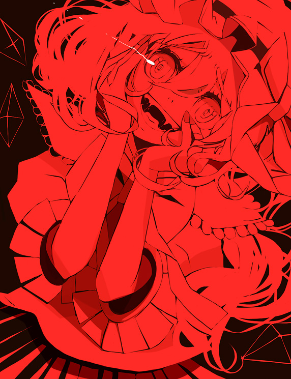 shirako mugi, flandre scarlet, touhou, 1girl, black background, crazy eyes, fangs, female focus, hands on own face, hat, head tilt, monochrome, red theme, simple background, smile, solo