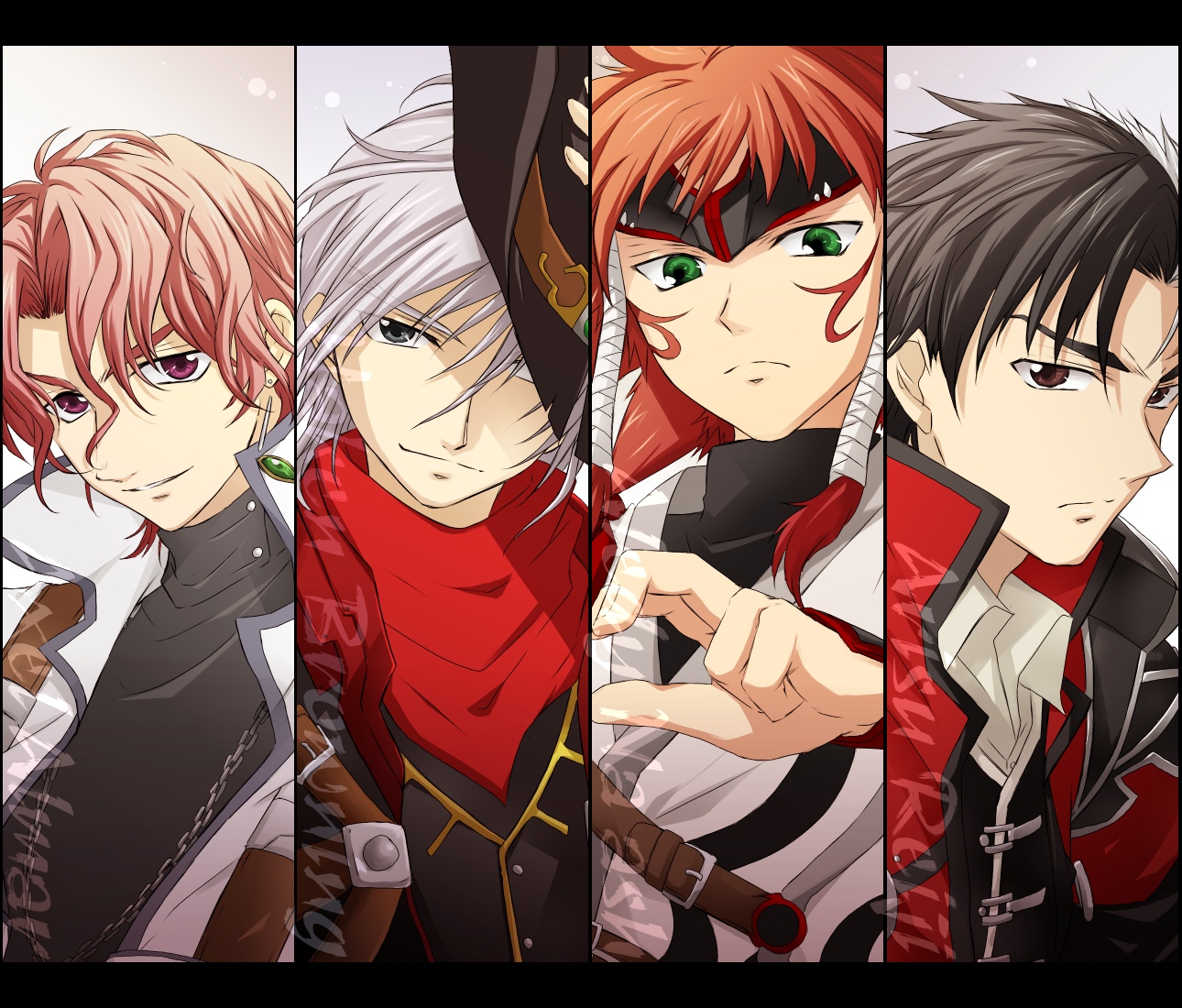 akiha, akiha (ominaeshi), aledy naash, arisu reiji, axel almer, harken browning, banpresto, super robot wars, super robot wars og saga mugen no frontier, super robot wars og saga mugen no frontier exceed, silver hair, bad id, bad pixiv id, 4boys, brown eyes, column lineup, green eyes, grey eyes, letterboxed, male focus, multicolored hair, multiple boys, pink eyes, red hair, two-tone hair, upper body