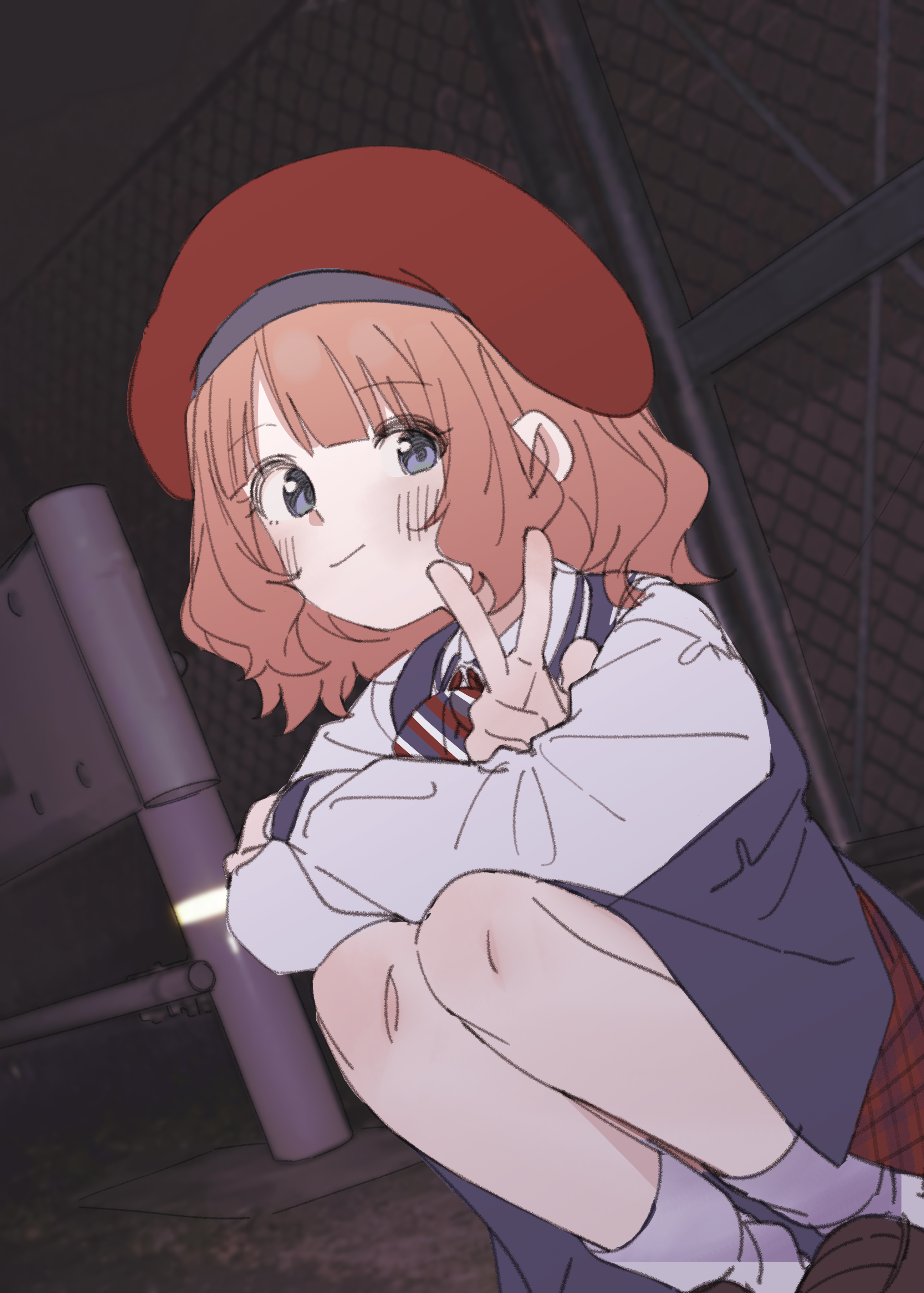 meeeeeeco359, suou momoko, idolmaster, idolmaster million live!, idolmaster million live! theater days, absurdres, commentary request, highres, 1girl, beret, blue dress, blue eyes, bow, bowtie, brown hair, brown shoes, chain-link fence, dress, elementary schoolmate (idolmaster), fence, hat, light smile, long sleeves, looking at viewer, medium hair, official alternate costume, red hat, shoes, sideways glance, socks, solo, squatting, striped bow, striped bowtie, striped clothes, w, white socks