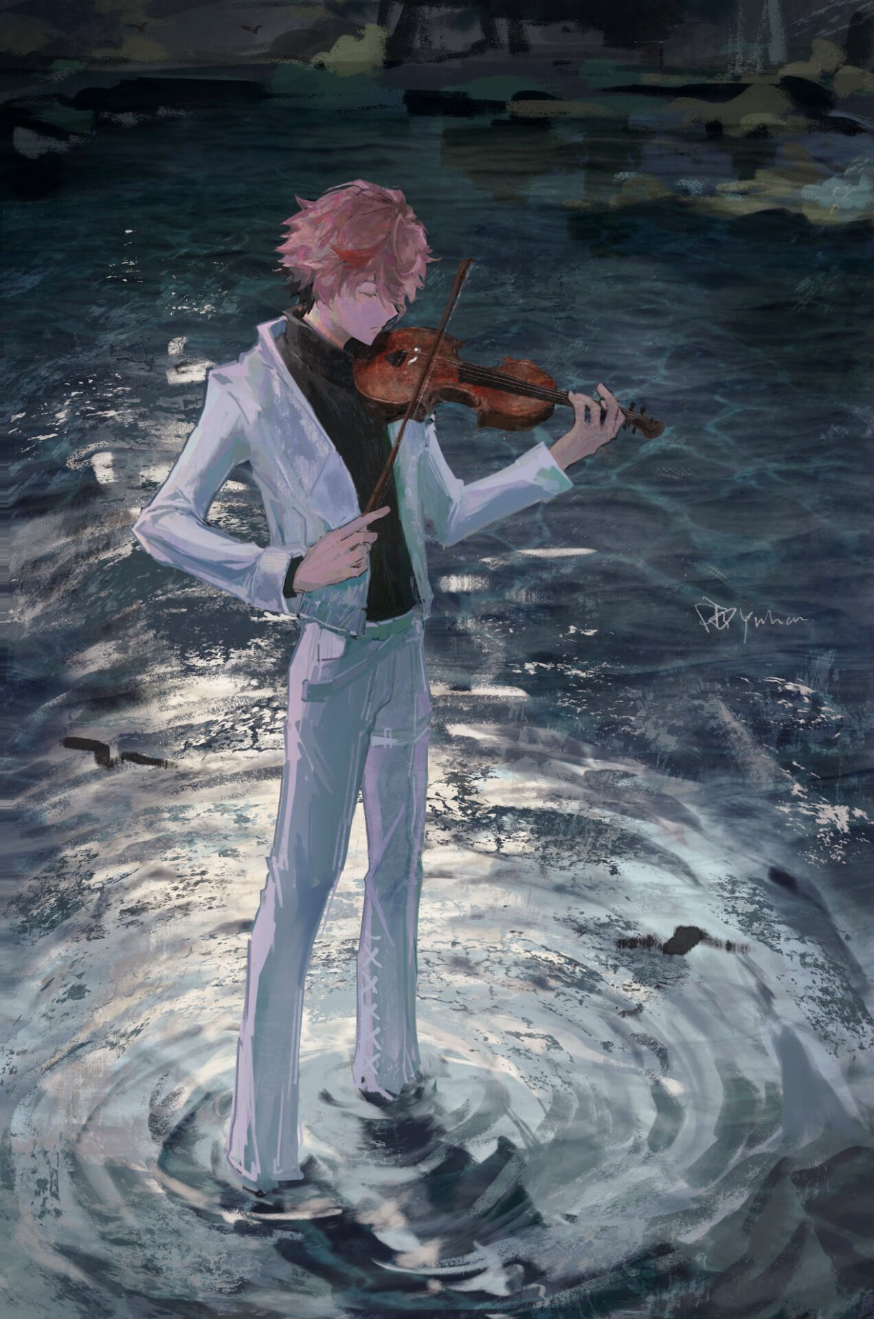 seraph dazzlegarden, nijisanji, chinese commentary, commentary, highres, 1boy, alternate costume, black shirt, bow (music), closed eyes, closed mouth, full body, hair between eyes, holding, holding instrument, holding violin, ilj87, instrument, jacket, long sleeves, male focus, multicolored hair, music, pants, pink hair, playing instrument, ripples, shirt, short hair, solo, streaked hair, violin, virtual youtuber, wading, water, white jacket, white pants