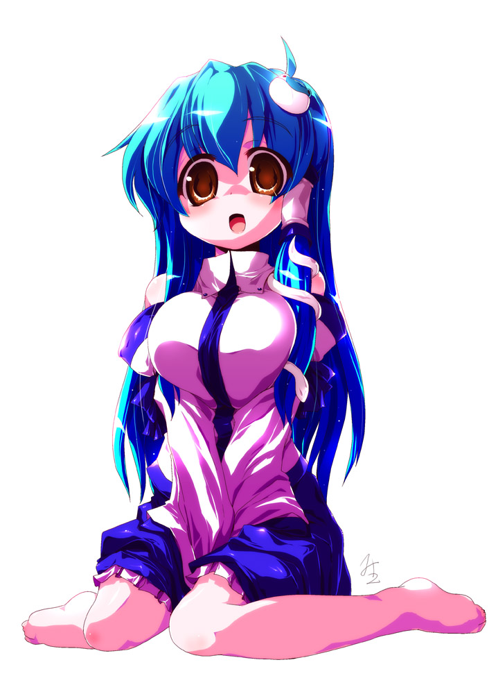 miuku (marine sapphire), kochiya sanae, touhou, 1girl, bare shoulders, barefoot, breasts, brown eyes, detached sleeves, female focus, full body, green hair, large breasts, long hair, open mouth, simple background, sitting, solo, wariza