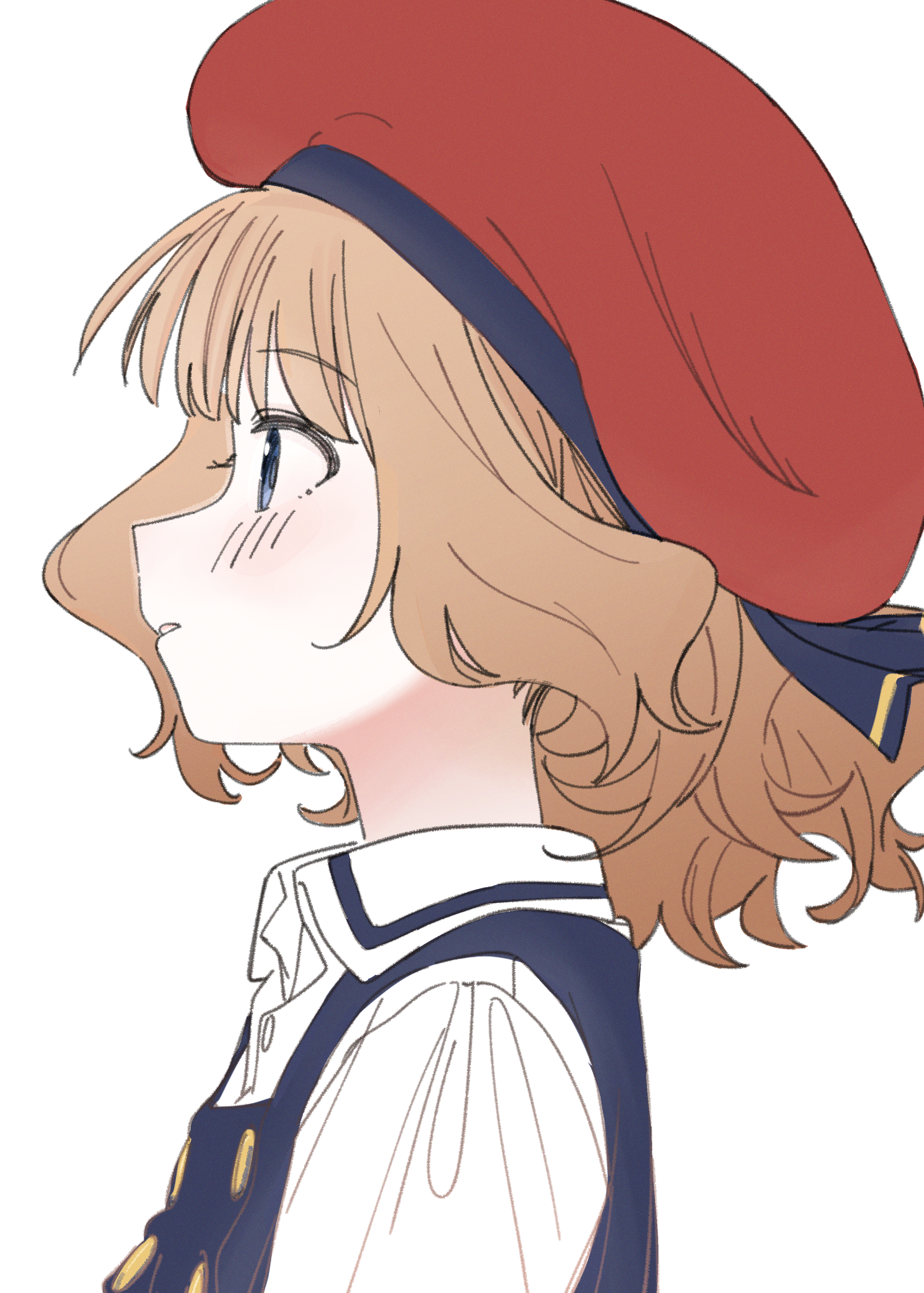 meeeeeeco359, suou momoko, idolmaster, idolmaster million live!, idolmaster million live! theater days, absurdres, commentary request, highres, 1girl, beret, blue eyes, brown hair, elementary schoolmate (idolmaster), from side, hat, medium hair, official alternate costume, parted lips, portrait, profile, red hat, simple background, solo, white background