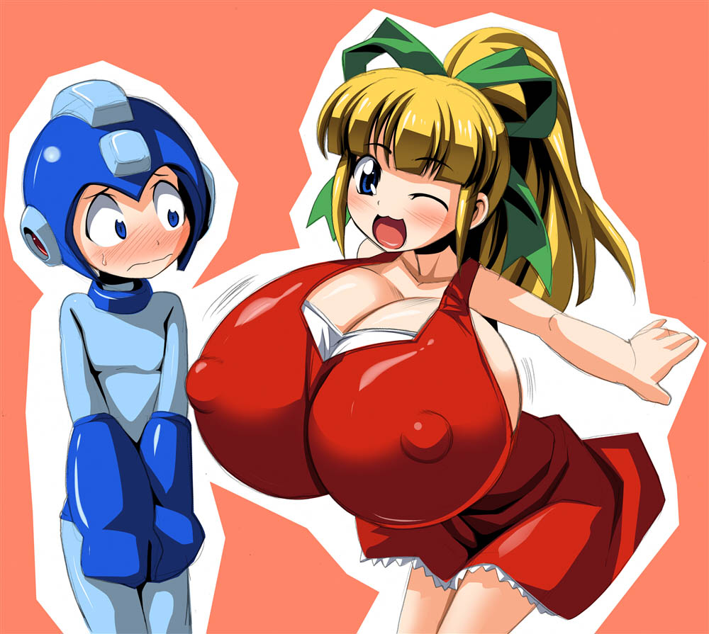 kloah, mega man (character), roll (mega man), capcom, mega man (classic), mega man (series), md5 mismatch, 1boy, 1girl, blonde hair, blue eyes, blush, breasts, brother and sister, cleavage, covered erect nipples, dress, gigantic breasts, gloves, hair ribbon, helmet, long hair, nipples, one eye closed, open mouth, oppai loli, ponytail, ribbon, robot, siblings, skirt, smile, wink