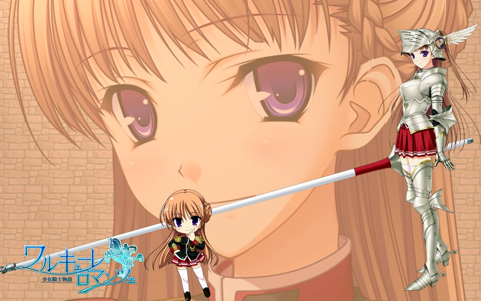 hizuki yayoi, komori kei, noel maresse ascot, walkure romanze, french braid, highres, official art, official wallpaper, 10s, 1girl, aiguillette, armor, blush, braid, breastplate, brick wall, brown hair, buttons, chibi, copyright name, double bun, epaulettes, from side, full body, gauntlets, greaves, hair bun, helmet, high heels, huge weapon, index finger raised, lance, light smile, logo, long hair, long sleeves, looking at viewer, miniskirt, multiple views, pauldrons, pleated skirt, polearm, portrait, purple eyes, red skirt, school uniform, shoes, shoulder armor, skirt, smile, spear, spurs, standing, thighhighs, turtleneck, vambraces, very long hair, visor (armor), weapon, white thighhighs, winged helmet, zettai ryouiki