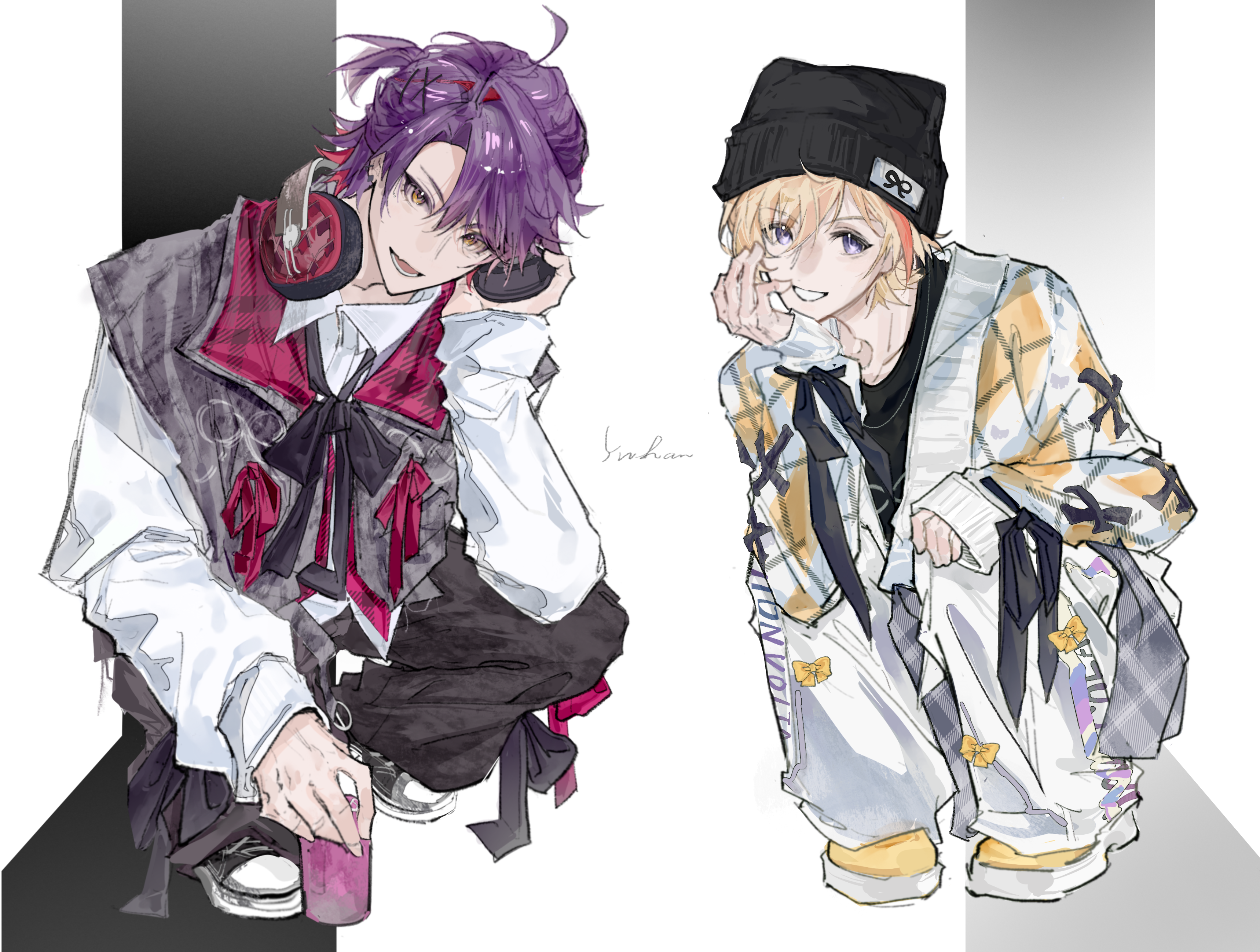 fura kanato, watarai hibari, nijisanji, absurdres, commentary, highres, symbol-only commentary, 2boys, ahoge, alternate costume, beanie, black hat, black pants, blonde hair, blue eyes, can, cardigan, full body, grey vest, hair between eyes, hair ornament, half updo, hand up, hat, head rest, headphones, headphones around neck, holding, holding can, ilj87, long sleeves, looking at viewer, lower teeth only, male focus, multicolored hair, multiple boys, open mouth, pants, parted lips, purple hair, shirt, short hair, simple background, smile, squatting, streaked hair, teeth, two-tone vest, vest, virtual youtuber, white background, white shirt, x hair ornament, yellow eyes