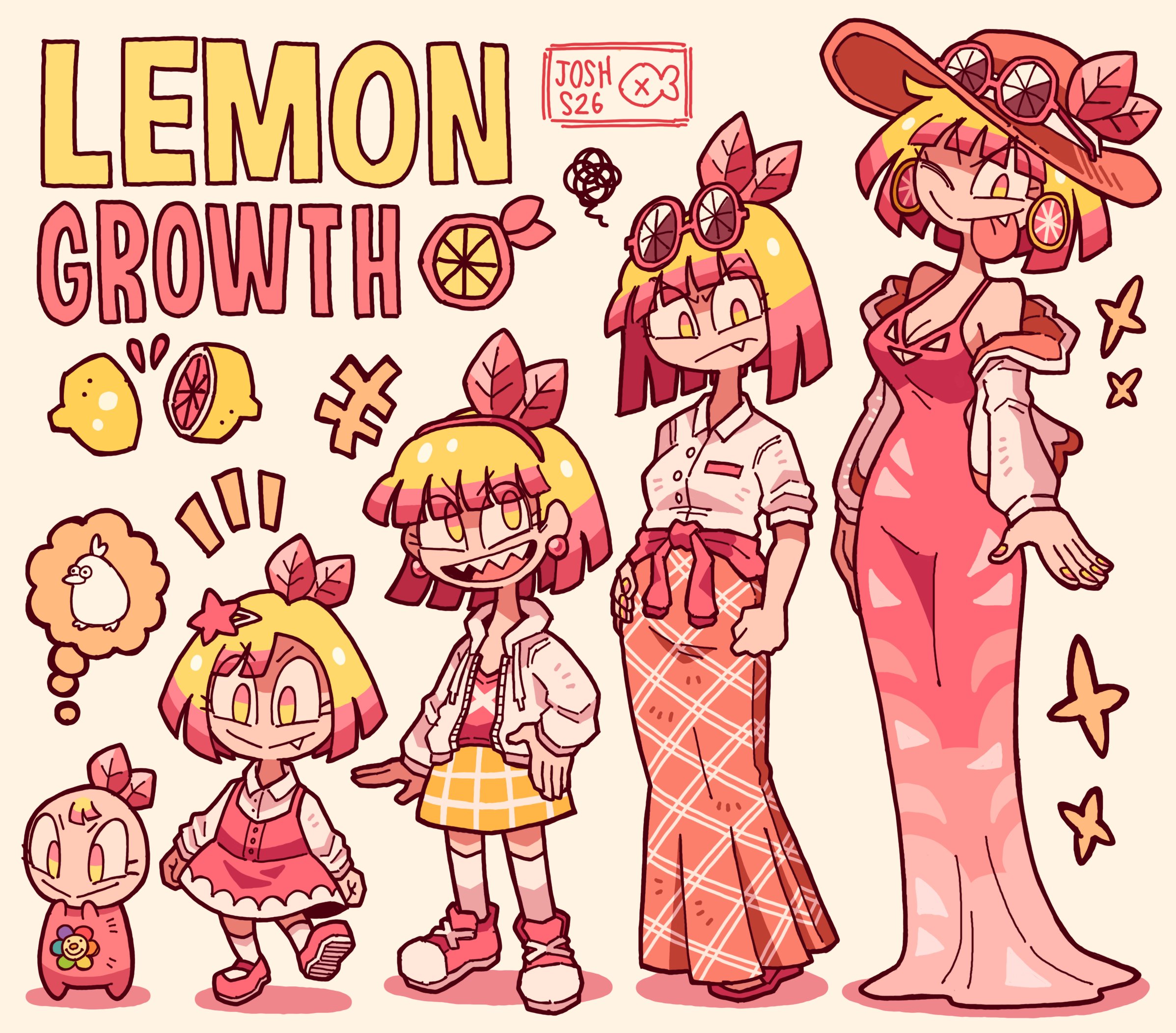 josh-s26, original, commentary, english commentary, highres, 1girl, blonde hair, character name, dress, english text, grin, hat, jewelry, long sleeves, red dress, short hair, skirt, smile, standing, star (symbol), yellow eyes