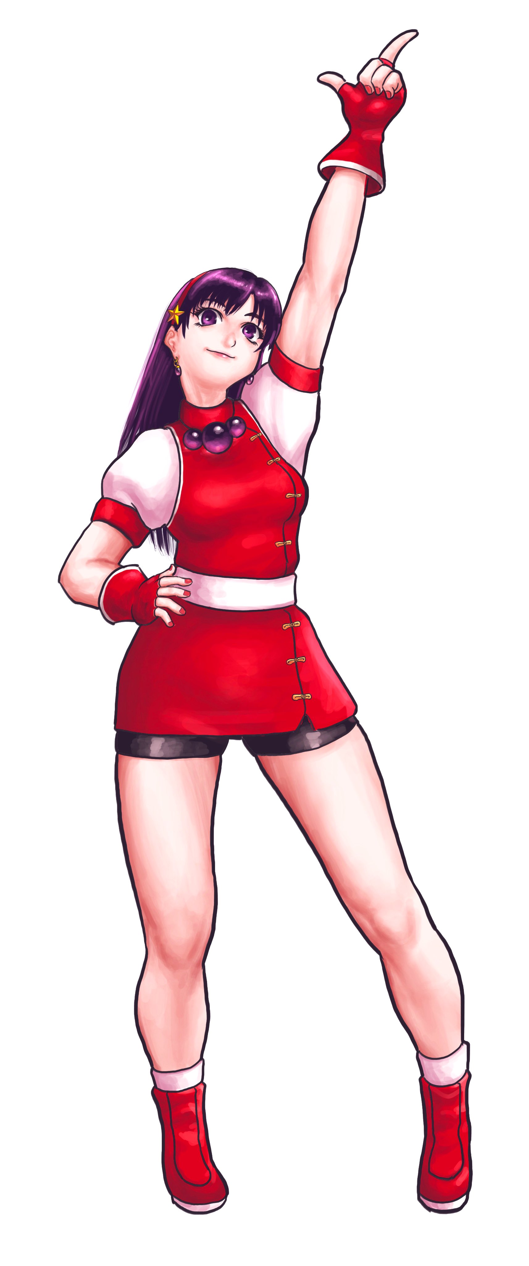 isa1000mg, asamiya athena, the king of fighters, 1girl, bike shorts, breasts, curvy, female focus, gloves, hairband, large breasts, long hair, pale skin, pants, purple eyes, purple hair, shoes, skirt, socks, standing, star (symbol), thick thighs, thighs, tight clothes, tight pants, wide hips