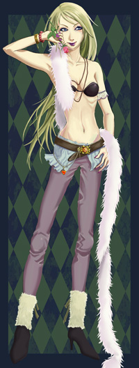 ao (pixiv1743221), celes chere, final fantasy, final fantasy vi, 1990s (style), 1girl, belt, bikini, bikini top only, blonde hair, bracelet, female focus, flower, full body, high heels, jewelry, long hair, midriff, pants, rose, shoes, solo, swimsuit