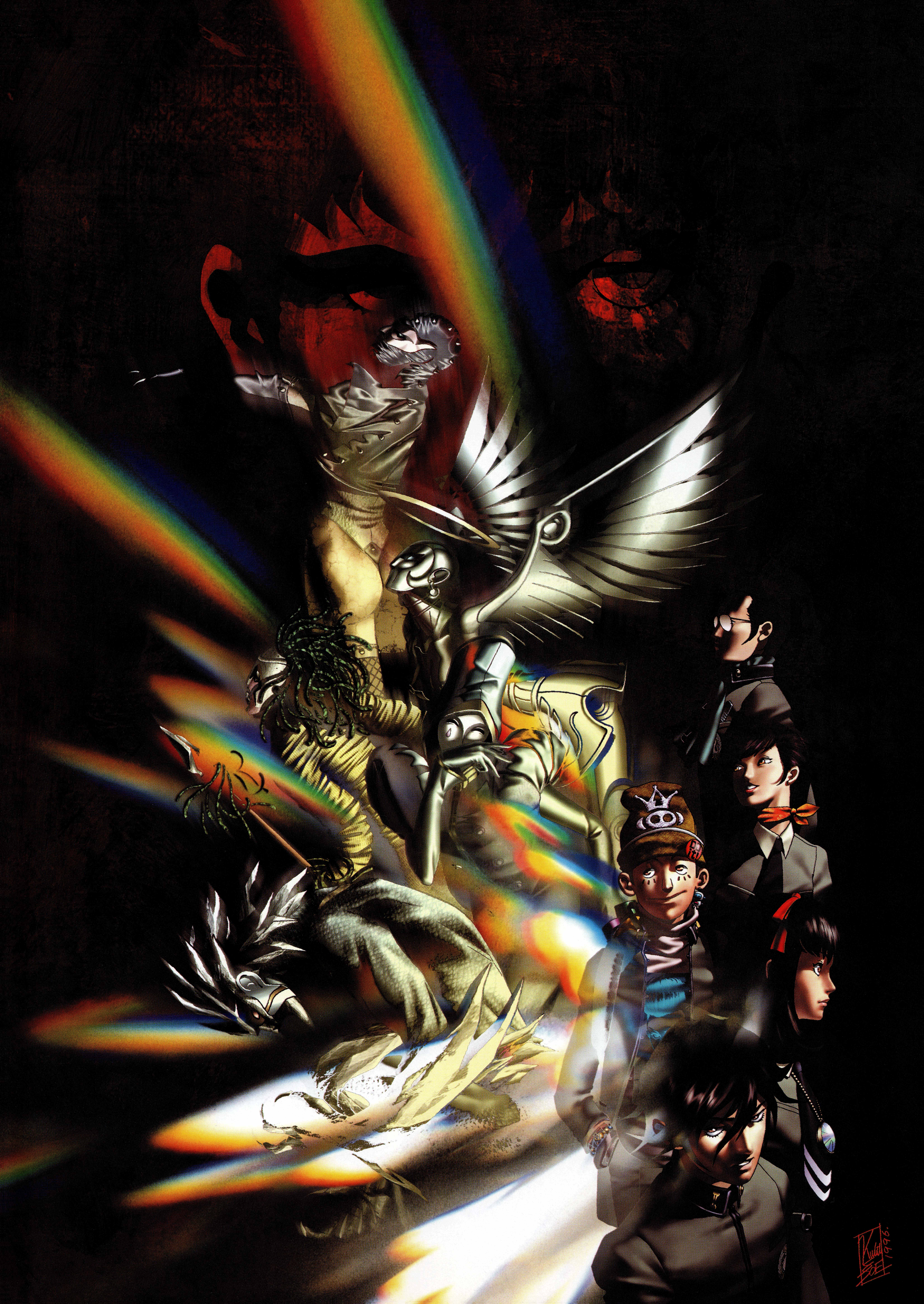 kazuma kaneko, soejima shigenori, aizen myouou (persona 1), inaba masao, kandori takahisa, kirishima eriko, nanjou kei, nike (persona 1), sonomura maki, toudou naoya, persona, persona 1, absurdres, highres, official art, third-party source, ass, black hair, brown hair, closed mouth, demon (megami tensei), dreadlocks, glasses, green hair, hair ribbon, halo, hat, hat ornament, holding, holding polearm, holding weapon, mask, maso (persona), multiple boys, multiple girls, necktie, ogun (megami tensei), persona (summon), polearm, rainbow, red ribbon, ribbon, school uniform, seimen kongou (persona), spear, st. hermelin school uniform, weapon, wings