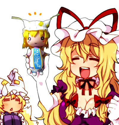 kiri futoshi, yakumo ran, yakumo yukari, touhou, lowres, 2girls, blonde hair, closed eyes, doll, female focus, happy, hat, multiple girls, ribbon