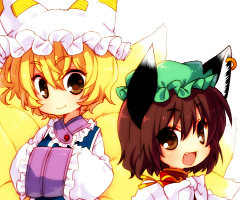 kiri futoshi, chen, yakumo ran, touhou, lowres, 2girls, animal ears, blonde hair, brown eyes, brown hair, fang, female focus, hat, multiple girls, short hair, simple background, upper body, white background