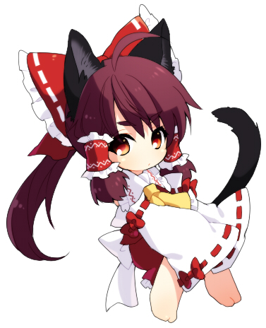 kiri futoshi, hakurei reimu, touhou, undefined fantastic object, lowres, 1girl, animal ears, cat ears, cat girl, cat tail, chibi, female focus, full body, kemonomimi mode, ribbon, simple background, solo, tail, white background
