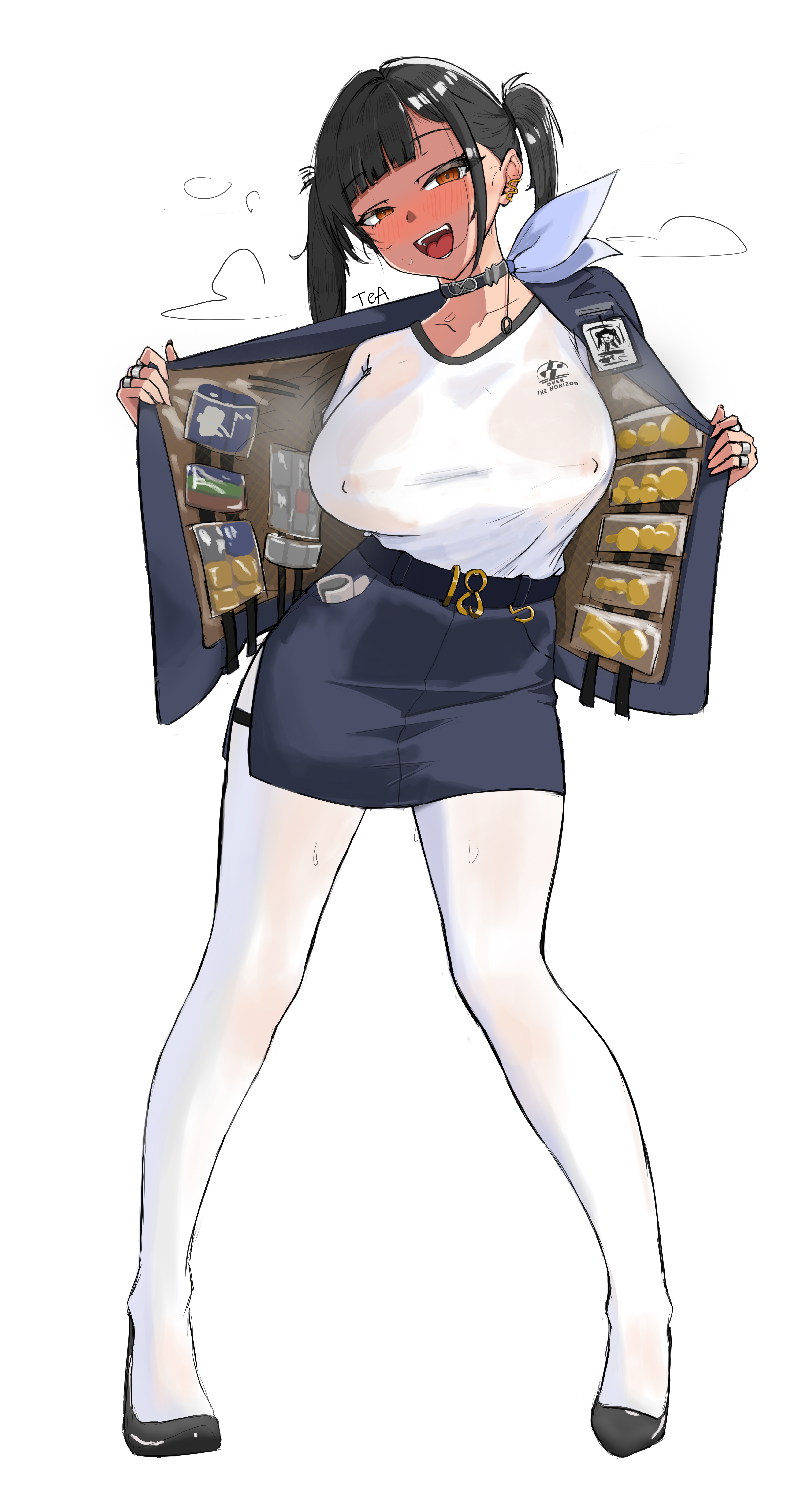 tea220622, sora (nikke), goddess of victory: nikke, absurdres, highres, 1girl, black choker, black hair, blush, breasts, choker, contraband, covered erect nipples, earrings, full body, jacket, jewelry, large breasts, miniskirt, no bra, open clothes, open jacket, open mouth, opened by self, pantyhose, shirt, skirt, smile, snake earrings, solo, twintails, white pantyhose, white shirt