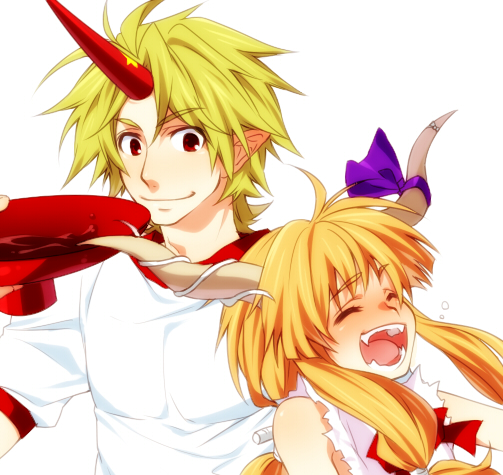 kiri futoshi, hoshiguma yuugi, ibuki suika, touhou, 1boy, 1girl, blonde hair, genderswap, genderswap (ftm), horns, red eyes, single horn