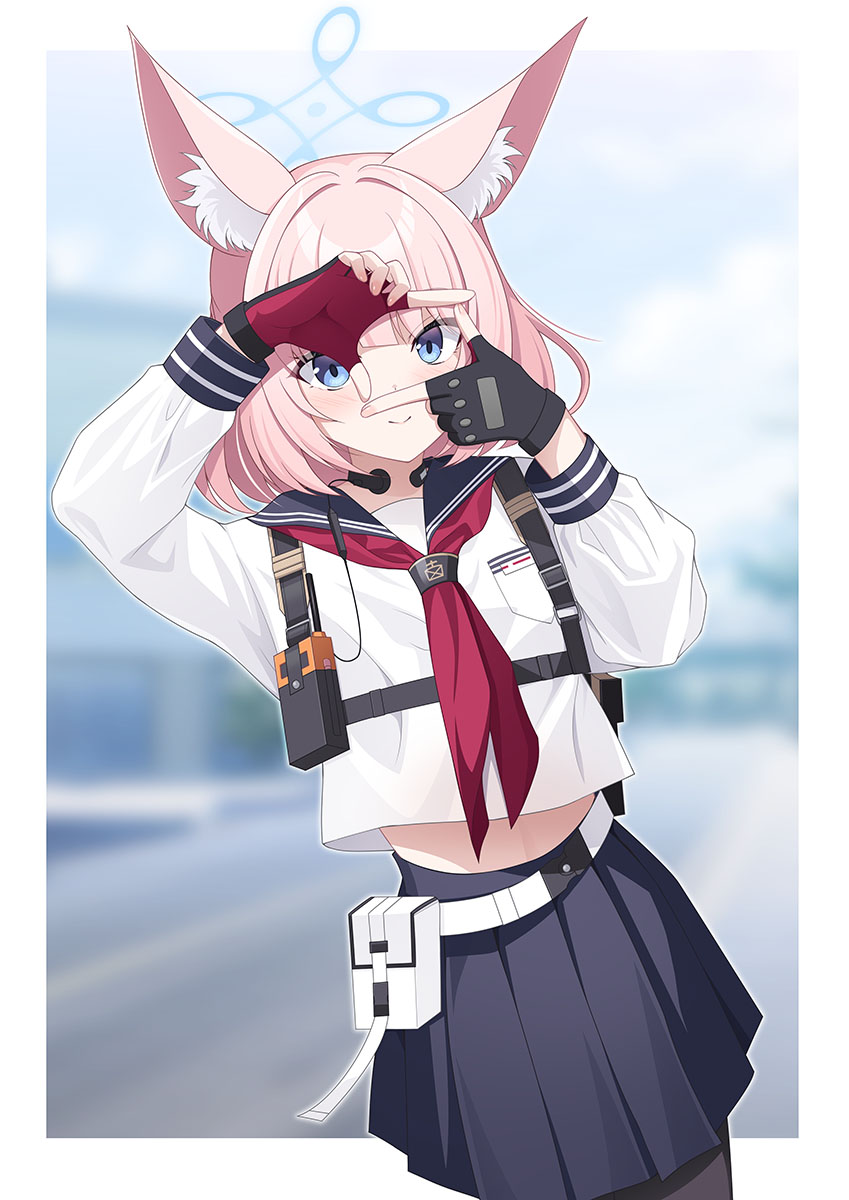eko, niko (blue archive), blue archive, commentary request, highres, animal ears, black gloves, black pantyhose, blue eyes, blue halo, blue sailor collar, blue skirt, finger frame, fingerless gloves, fox ears, fox girl, gloves, halo, medium hair, neckerchief, pantyhose, pink hair, red gloves, red neckerchief, sailor collar, school uniform, serafuku, shirt, skirt, thighs, white shirt
