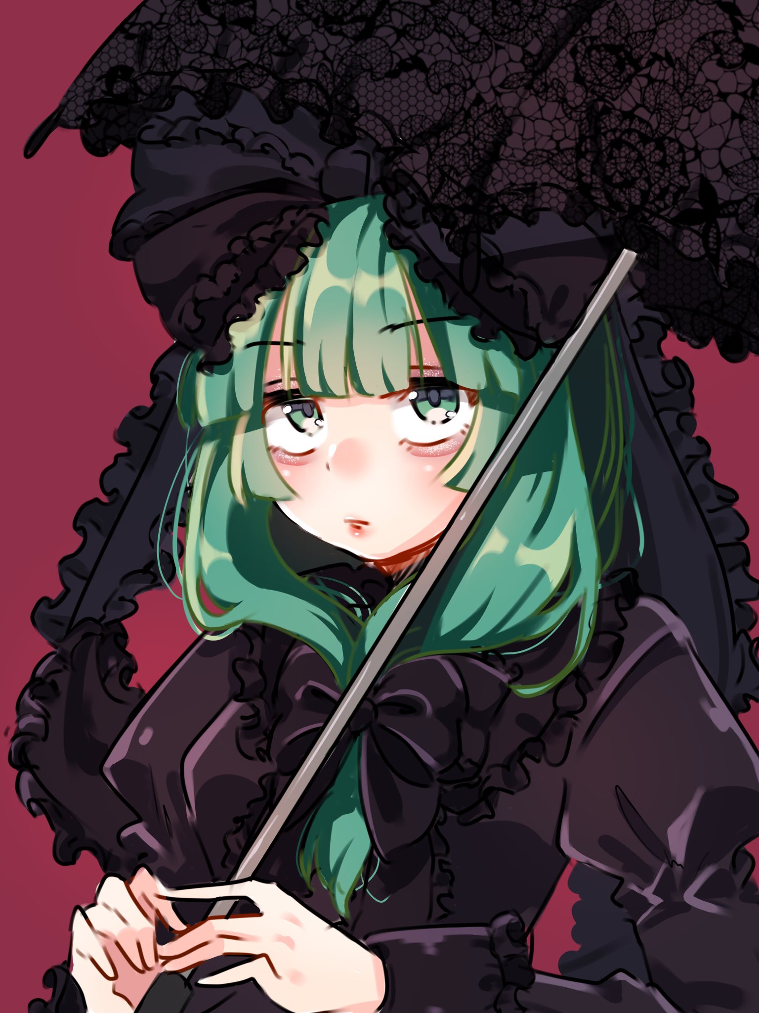 shiya re27, kagiyama hina, touhou, commentary request, highres, alternate color, alternate costume, black ribbon, blunt bangs, front ponytail, green eyes, green hair, hair ribbon, holding, holding umbrella, long sleeves, puffy long sleeves, puffy sleeves, ribbon, umbrella, upper body