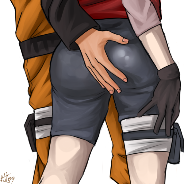 starchii, haruno sakura, uzumaki naruto, ass grab, hand on ass, naruto, ass, bandages, couple, from behind, gloves, groping, holster, shorts, skin tight, squeezing, thigh holster