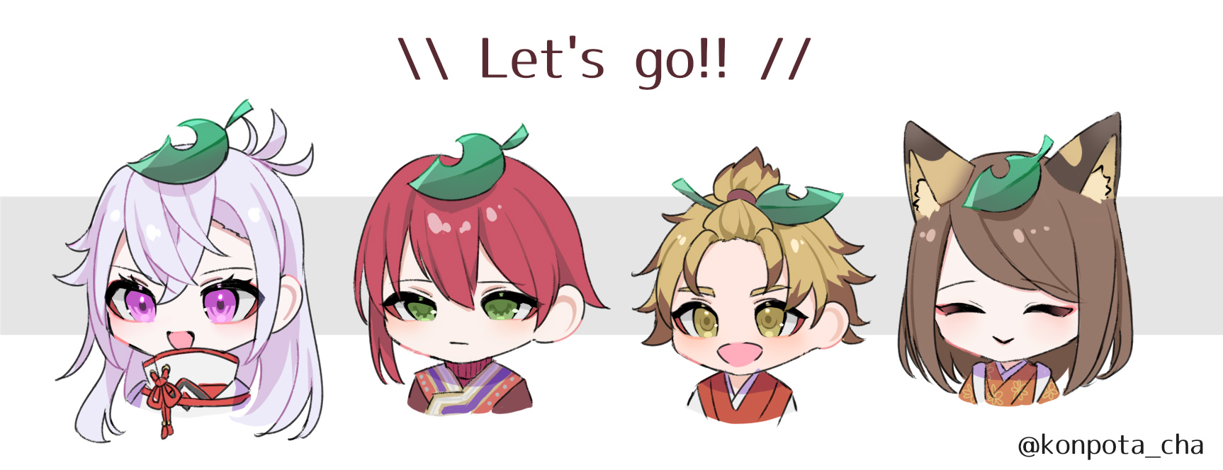 potacha, kaguya (rune factory), rune factory, rune factory: guardians of azuma, commentary request, highres, 2boys, 2girls, animal ears, blonde hair, cat ears, cat girl, closed eyes, cuilang (rune factory), facing viewer, green eyes, kotaro (rune factory), leaf, leaf on head, long hair, looking at viewer, multiple boys, multiple girls, purple eyes, red hair, yachiyo (rune factory), yellow eyes