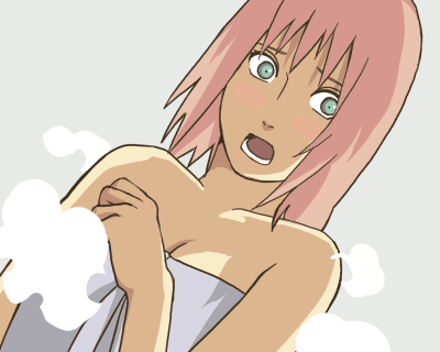 haruno sakura, naruto (classic), naruto (series), artist request, lowres, 1girl, bare shoulders, blush, female focus, green eyes, looking to the side, naked towel, open mouth, pink hair, short hair, solo, steam, towel, upper body