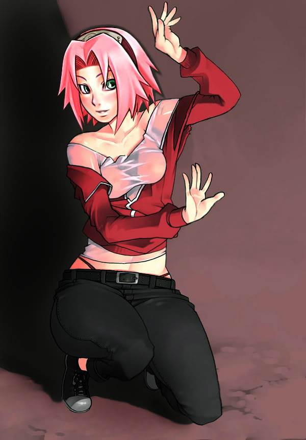 haruno sakura, naruto (classic), naruto (series), artist request, third-party edit, 1girl, bare shoulders, belt, black pants, black shoes, blush, collarbone, female focus, green eyes, hand up, headband, headdress, highleg, highleg panties, kneeling, konohagakure symbol, long sleeves, on one knee, panties, pants, shirt, shoes, short hair, solo, underwear