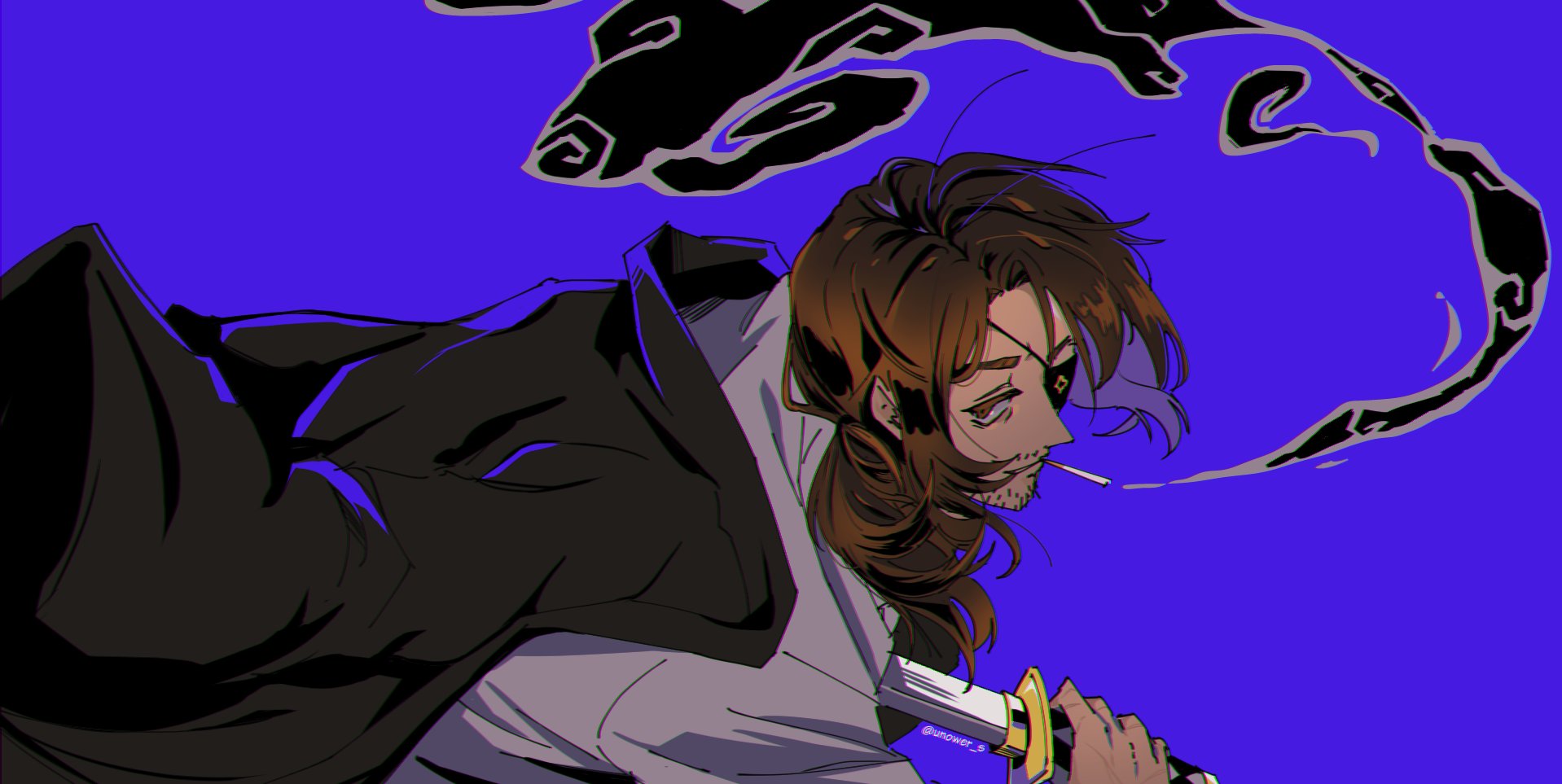 unower s, gregor (project moon), limbus company, project moon, commentary, english commentary, highres, revision, 1boy, black jacket, blue background, brown eyes, brown hair, chromatic aberration, cigarette, eyepatch, holding, holding sword, holding weapon, irezumi, jacket, jacket on shoulders, katana, kurokumo clan (identity) (project moon), long hair, long sleeves, low ponytail, male focus, ponytail, simple background, smoking, solo, sword, tattoo, weapon