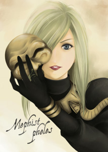 aikawa daisei, mephistopheles, demon's souls, fromsoftware, lowres, 1girl, blonde hair, blue eyes, female focus, gradient background, long hair, mask, solo