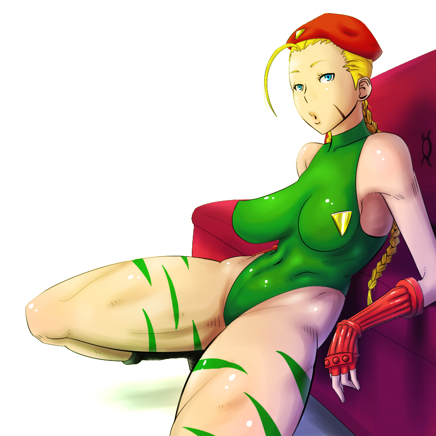 locketmonkey, cammy white, capcom, street fighter, bad id, bad pixiv id, 1girl, ahoge, antenna hair, bare shoulders, beret, blonde hair, blue eyes, braid, breasts, couch, female focus, fingerless gloves, gloves, green leotard, hat, highleg, highleg leotard, impossible clothes, large breasts, leotard, navel, open mouth, scar, single braid, skin tight, solo, spread legs, squatting, thighs, thong leotard, twin braids, white background