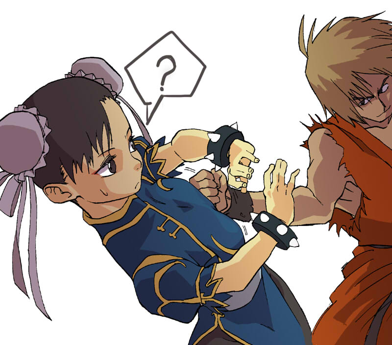kotoyama, chun-li, ken masters, capcom, street fighter, bad id, bad pixiv id, 1boy, 1girl, ?, blonde hair, bracelet, brown eyes, brown hair, china dress, chinese clothes, double bun, dress, jewelry, pantyhose, pelvic curtain, spiked bracelet, spikes